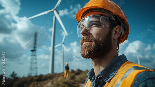 A wind farm worker in safety gear gazes thoughtfully at turbines, showcasing dedication to renewable energy and sustainable practices. photo