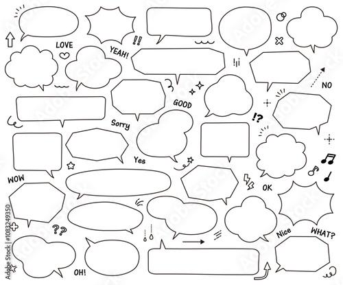 吹き出しとアイコンのイラストセット　素材　見出し　飾り罫　ふきだし　バリエーション　あしらい　線