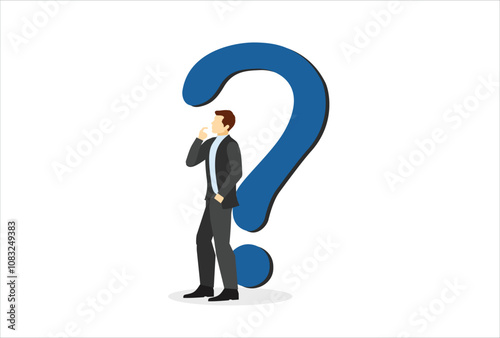 Question or problem solving, think about answer or solution, contemplation, doubt or concentration, FAQ frequently asked questions, doubtful businessman thinking about answer with big question mark.