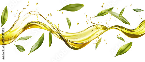 The image features a flowing ribbon of golden oil intertwined with green leaves, suggesting a natural and organic essence, likely representing culinary or cosmetic uses. photo