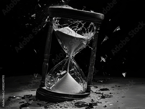 A shattered hourglass spills sand, symbolizing lost time and the fragility of life, captured in stark black and white. photo