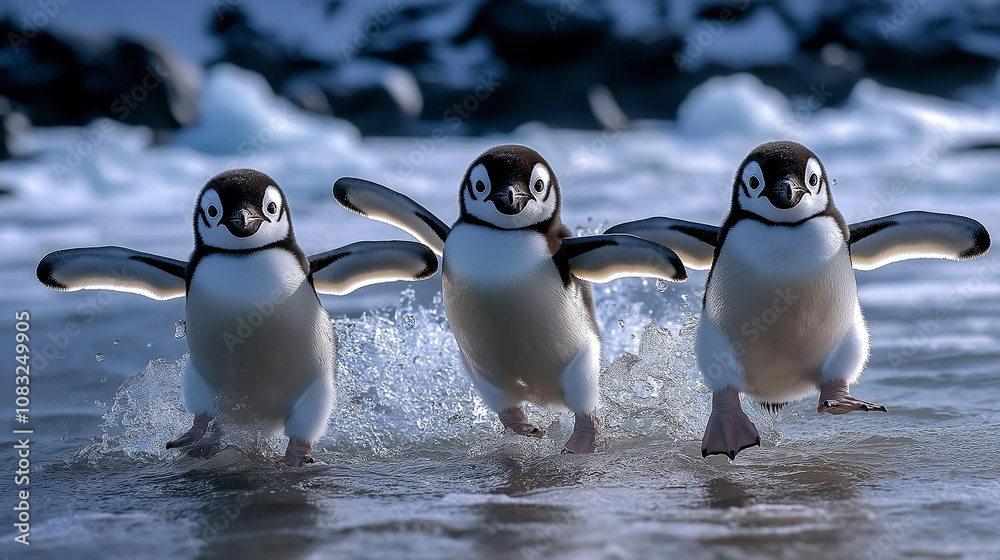 Fototapeta premium Three chinstrap penguins running in the ocean in antarctica