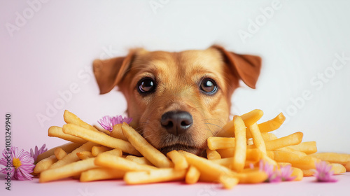 Cute brown dog hiding behind french fries and flowers on pink background