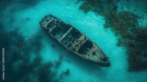 A haunting image of a deserted shipwreck partially submerged in the turquoise waters of the Bermuda Triangle, Bermuda shipwreck scene, Atmospheric style photo