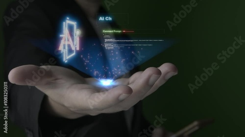 Wallpaper Mural Businessman presents cutting-edge AI technology, showing glowing AI logo floating above an open hand, surrounded by digital data and symbols, symbolizing artificial intelligence technology. Torontodigital.ca