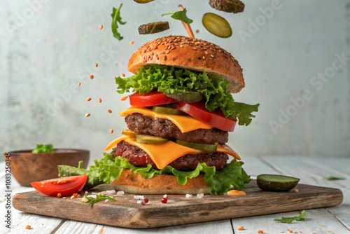 Vintage Style Delicious Monster Burger with Flying Ingredients Isolated on White Background - Juicy Patty, Fresh Vegetables, and Tasty Toppings for Food Photography photo