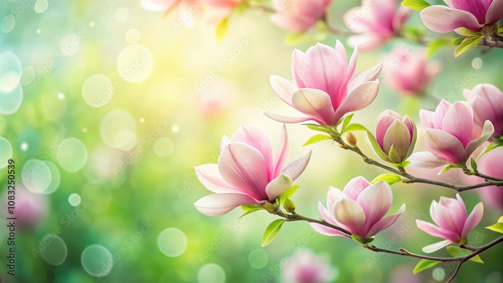 Obraz premium Delicate Pink Magnolia Blossoms Bathed in Soft Sunlight, Against a Blurred Green Background with Sparkling Lights