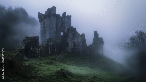 A haunting image of an abandoned medieval castle shrouded in fog in the Scottish Highlands, Scottish Highlands castle fog scene, Atmospheric style photo