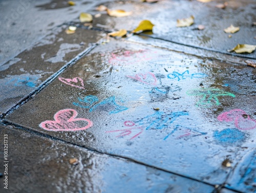 A colorful chalk drawing on a wet pavement, surrounded by fallen leaves, reflecting a playful autumn scene. photo