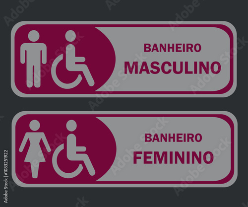 Placas para Banheiro Retangular, Masculino e Feminino. Nos tons Grená e Cinza.