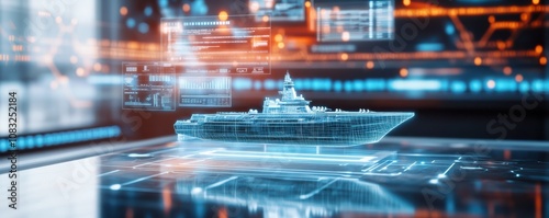 A futuristic naval ship model presented in a digital interface. photo