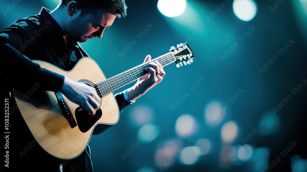 Obraz premium A guitarist performing passionately on stage at a concert.