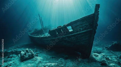 A haunting image of an ancient shipwreck resting silently on the seabed of the Mediterranean Sea, Mediterranean shipwreck scene, Atmospheric style photo