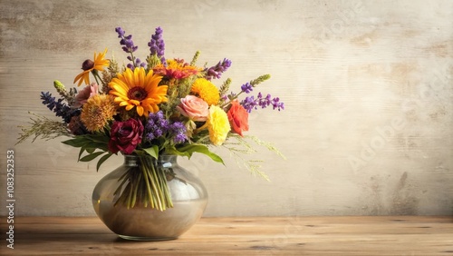 Wallpaper Mural A vibrant bouquet of assorted wildflowers in a clear glass vase on a wooden table against a textured background. Torontodigital.ca