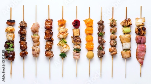 Delicious Yakitori Skewers with Grilled Meat on White Background. Traditional Japanese Cuisine Concept Highlighting Grilled Chicken, Skewers, and Minimalistic Presentation.