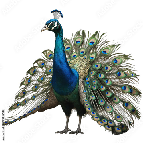peacock with its tail feathers fully spread, displaying vibrant blues and greens. Transparent Background