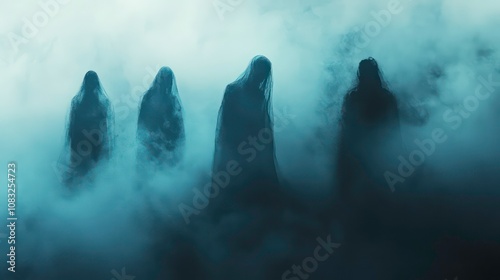 Four shadowy figures stand in a misty void, shrouded in an ethereal glow.