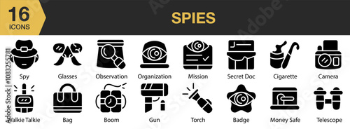 Spies solid icon set. Includes walkie talkie, torch, telescope, spy, secret, and More. Solid icons vector collection.