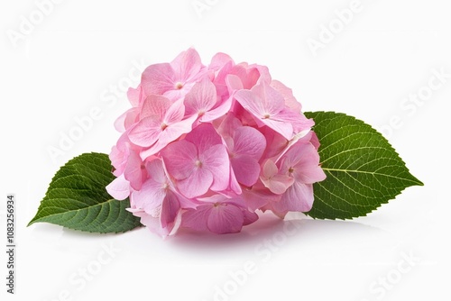 Pink hydrangea with branch and leaves isolated on white background 