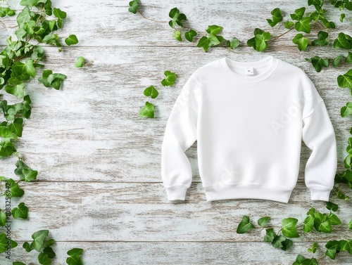 A white sweatshirt surrounded by green ivy on wooden background. photo