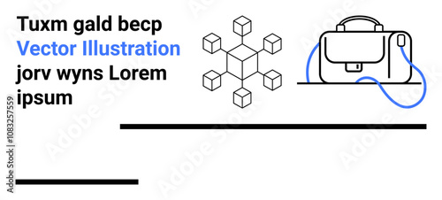 Modern business briefcase with strap, geometric cube structure, placeholder text elements, and horizontal lines. Ideal for websites, presentations, marketing, branding, educational materials