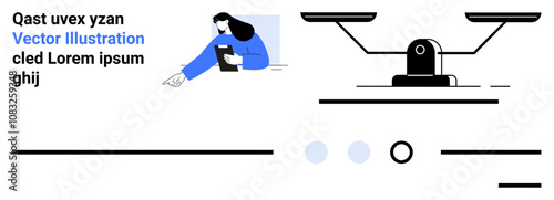 Woman pointing while holding a tablet, scales symbolizing balance, abstract layout with lines and circles. Ideal for business, presentation, technology, balance, modern, minimalistic, education