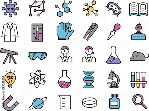 科学・研究・実験アイコンのイラストセット(カラー線画)