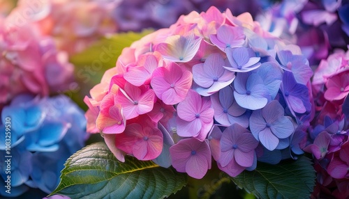 Colourful Hydrangea macrophylla Blossom near house wall. Colorful hydrangeas in garden, close up. Purple blue pink hortensia blooms. Endless summer Hydrangea flowers.