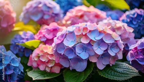 Colourful Hydrangea macrophylla Blossom near house wall. Colorful hydrangeas in garden, close up. Purple blue pink hortensia blooms. Endless summer Hydrangea flowers.