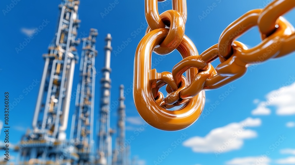 Naklejka premium Strong Metal Chain Link Against Industrial Plant Background