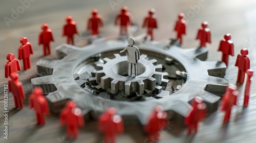 Large interconnected network of gears symbolizing corporate competition, with one oversized gear dominating the scene, representing antitrust concerns. Central gear with copy space for text.	
