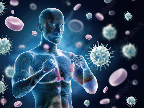 人間の体の中にいるウイルスと赤血球のイメージ