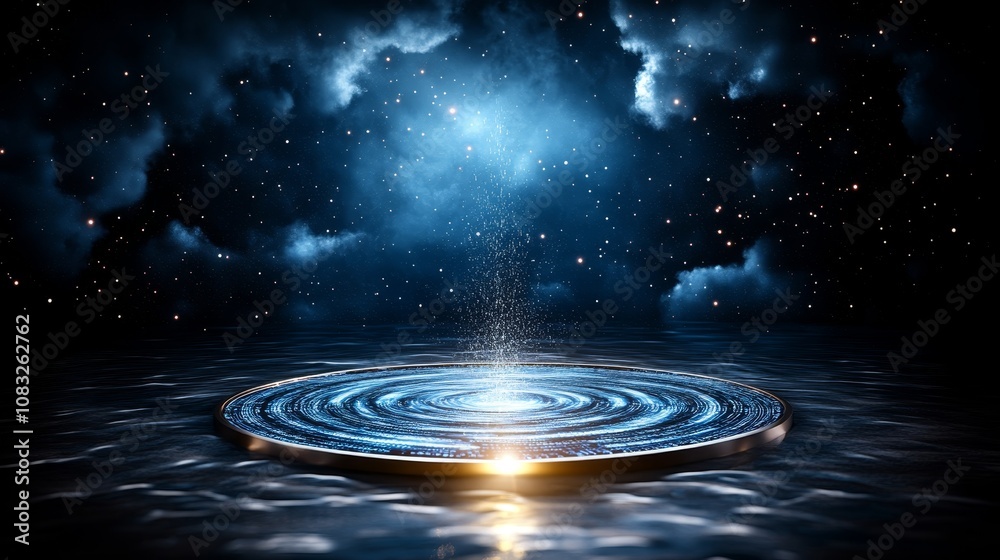 Fototapeta premium Futuristic Glow Circle on Water with Stars and Clouds Night Sky Background