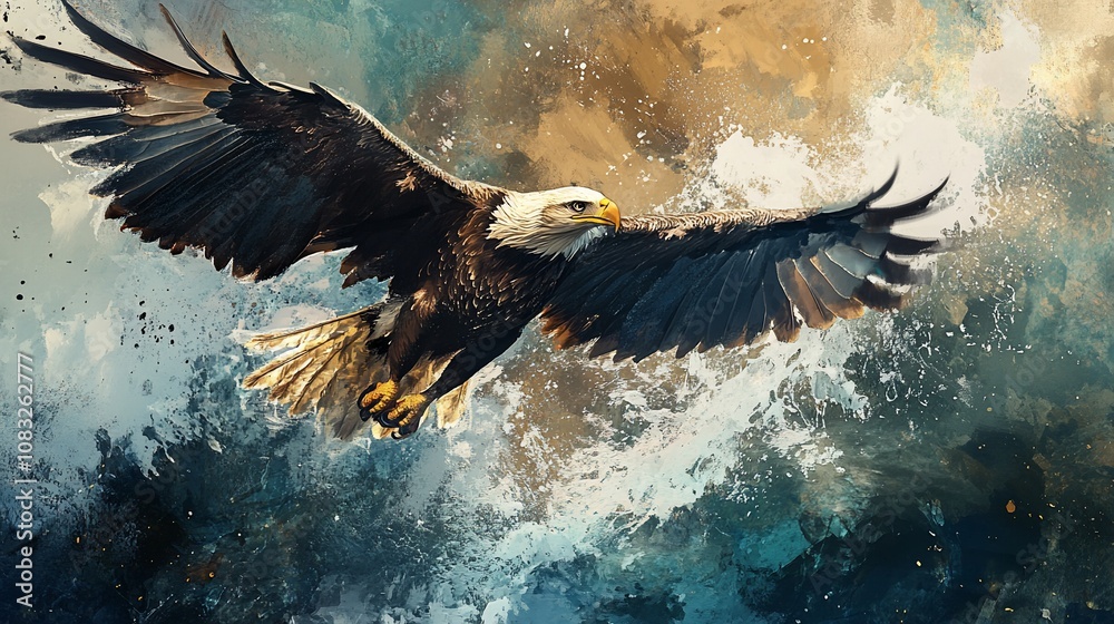 Obraz premium A majestic bald eagle soars through a dramatic sky, its wings spread wide.