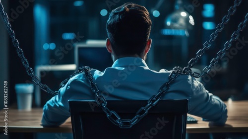 Man businessman office worker chained to workplace computer. Concept slave work , overwork irregular working hours photo