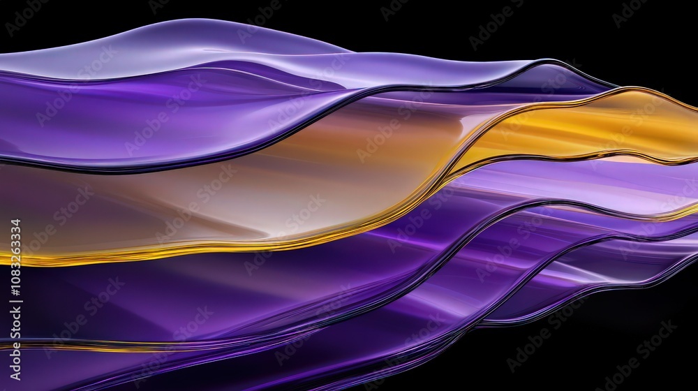 Fototapeta premium Overlapping glass layers in translucent purple and yellow gradients, forming a mesmerizing abstract flow across a sleek, black background.