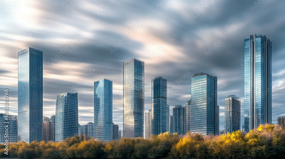 Fototapeta premium Skyline of skyscrapers under cloudy skies, buildings reflecting the sky in a soft blur, with trees at the base blending into the foreground, city banner,