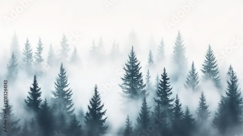 Soft shades of winter forest captured in watercolor, creating a fog-filled landscape with trees subtly dissolving into white mist, transparent background for layering. photo