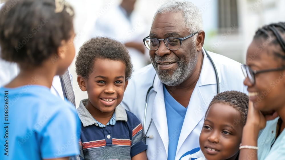 Obraz premium A pediatric surgeon engages with a young patient and supportive family members in a recovery room, showcasing joy and relief