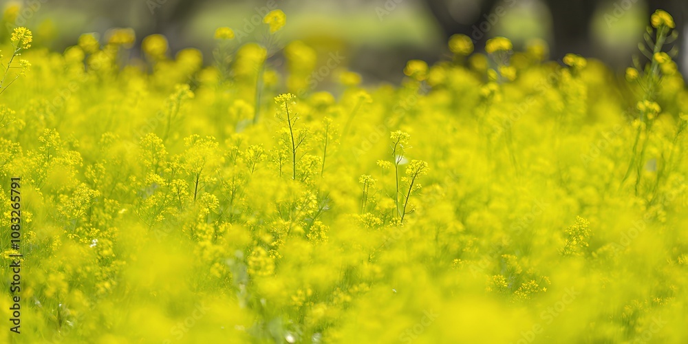 Fototapeta premium A vibrant field of blooming yellow flowers, captured in a close-up with a blurred background, evoking a sense of freshness, nature, and serenity.
