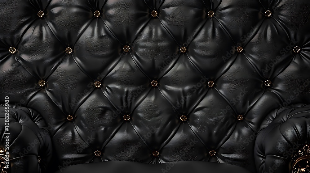 Naklejka premium A close-up of a luxurious black tufted leather chair with decorative elements.