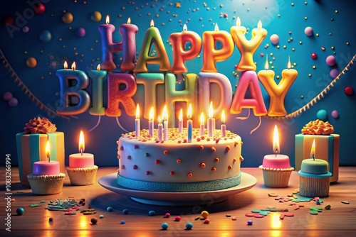 a birthday card with a bunch of presents and a birthday cake with a star on the top