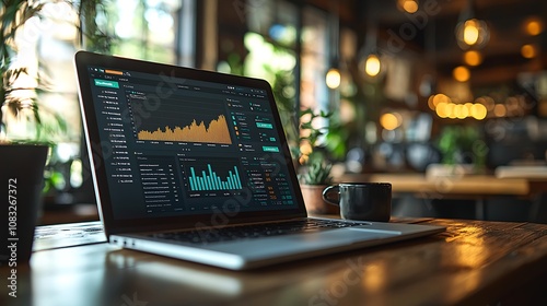 Wallpaper Mural Analyzing data trends coffee shop laptop display cozy atmosphere from above technology insights Torontodigital.ca