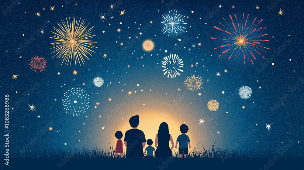 Obraz premium Family Fireworks Night: A heartwarming silhouette of a family of five watches a vibrant fireworks display against a night sky, creating a magical and memorable scene.