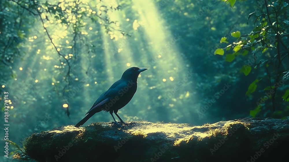 Fototapeta premium Bird watching in nature forest wildlife sunlight silhouette