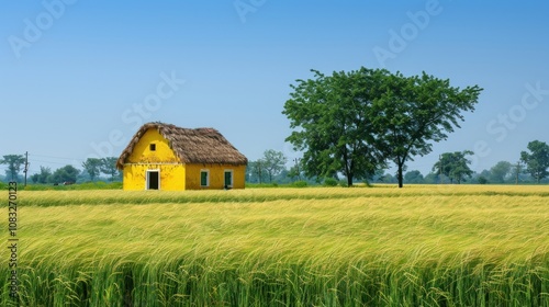 A quaint yellow house with a thatched roof stands amidst vibrant green rice fields in a rural Indian landscape under sunny skies