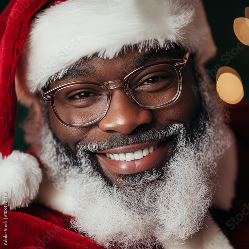 Realistic African American Santa Claus Close-Up Portrait - Holiday Cheerful Smile