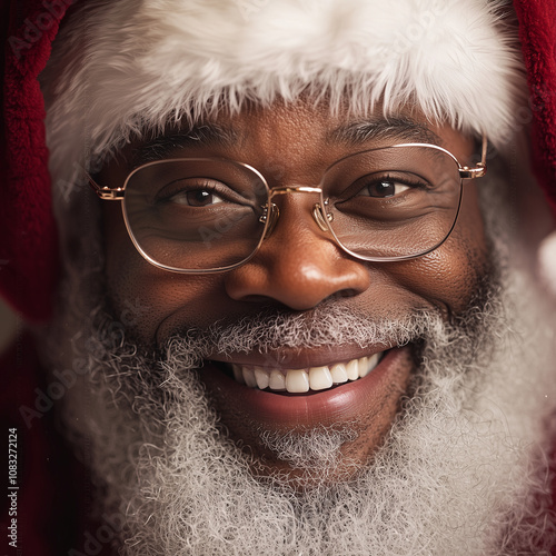 Realistic African American Santa Claus Close-Up Portrait - Holiday Cheerful Smile