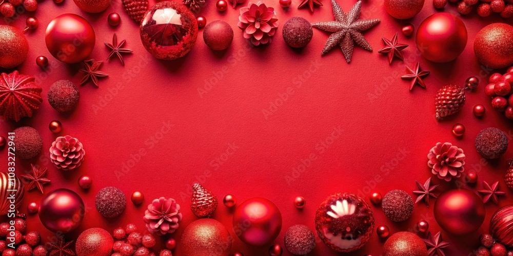 Obraz premium A festive red background with a frame of shiny red ornaments, star-shaped decorations, and tiny red berries.