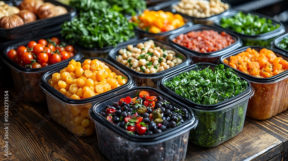 Obraz premium Freshly prepared vegetables and colorful salads displayed in plastic containers, showcasing a variety of healthy, organic ingredients.